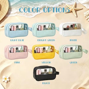 Puede incluir: Siete neceseres rectangulares con parte superior de pl&aacute;stico transparente y base de color s&oacute;lido en azul claro, verde brillante, blanco, rosa, amarillo, verde y negro. Cada bolsa contiene varios frascos peque&ntilde;os y tiene su nombre de color.