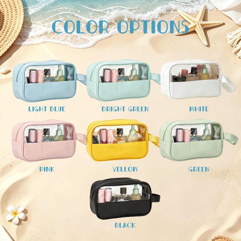 Puede incluir: Siete neceseres rectangulares con parte superior de pl&aacute;stico transparente y base de color s&oacute;lido en azul claro, verde brillante, blanco, rosa, amarillo, verde y negro. Cada bolsa contiene varios frascos peque&ntilde;os y tiene su nombre de color.