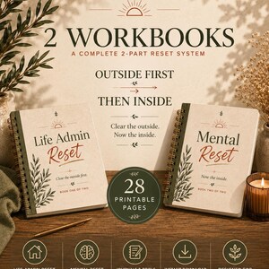 Könnte beinhalten: Zwei spiralgebundene Arbeitsbücher mit den Titeln Life Admin Reset und Mental Reset mit beigen Einbänden, dunkelgrünen Blattillustrationen und rotem Text. Das Bild enthält den Text 2 WORKBOOKS, A COMPLETE 2-PART RESET SYSTEM, OUTSIDE FIRST THEN INSIDE und 28 PRINTABLE PAGES sowie fünf kreisförmige Symbole am unteren Rand.
