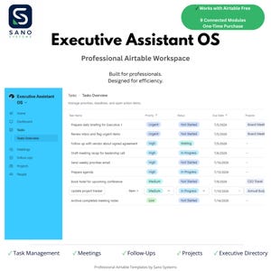 May include: Executive Assistant OS digital workspace template for Airtable. The interface features a blue sidebar navigation menu and a white main dashboard displaying a task management table with columns for task name, priority, status, and due dates.