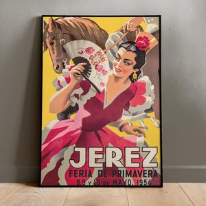 May include: A framed vintage poster featuring a person in a pink ruffled dress holding a floral fan, with a brown horse in the background. The text reads JEREZ FERIA DE PRIMAVERA 8, 9 Y 10 DE MAYO, 1954 against a bright yellow backdrop.