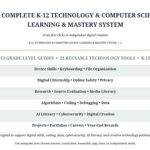May include: A document titled The Complete K-12 Technology & Computer Science Learning & Mastery System. It lists 13 grade-level guides and 21 reusable technology tools, covering topics like device skills, coding, AI literacy, and digital creation.