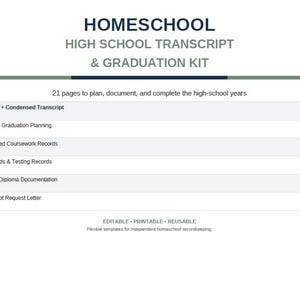 May include: A Homeschool High School Transcript & Graduation Kit document featuring 21 pages to plan, document, and complete high school years. It includes sections for official transcripts, GPA, course descriptions, activities, school profiles, and final records.