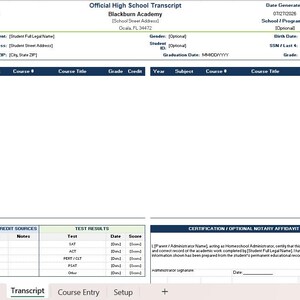 Editable Homeschool High School Transcript Template | Excel GPA Calculator, Credits, Test Scores & Printable Academic Record