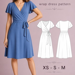 May include: A blue wrap dress with flutter sleeves and a tie waist. The image includes the text Aurelia wrap dress pattern, sizes XS - S - M, and a difficulty level indicator. A technical line drawing shows the front and back views of the dress.