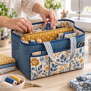 May include: A quilted fabric sewing organizer basket featuring a denim blue exterior with white stitching and a floral print pocket panel. The interior contains a mustard yellow quilted zipper pouch, multiple thread spools, and fabric scraps.