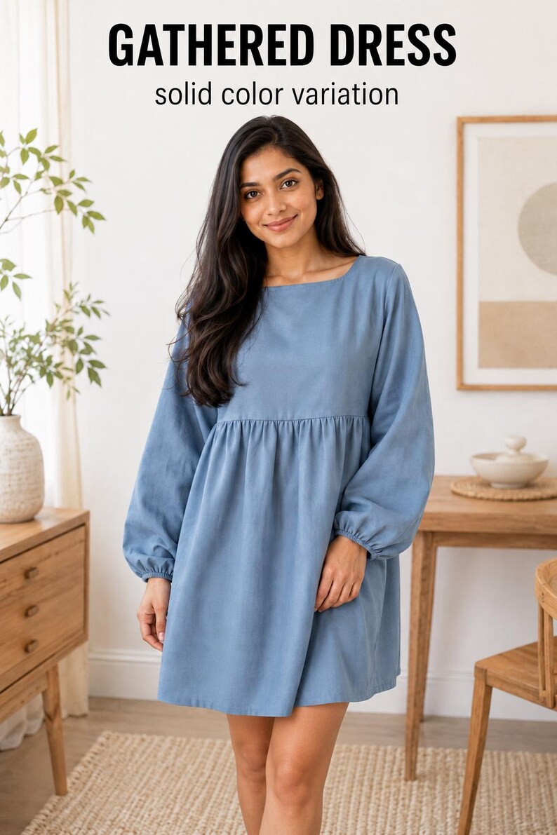 Gathered Dress Sewing Pattern PDF(XS-XL) | Balloon Sleeve Dress Pattern ...
