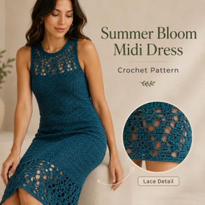 May include: A teal sleeveless midi dress featuring a crochet pattern with a solid bodice and an openwork lace hem. The text Summer Bloom Midi Dress Crochet Pattern and Lace Detail are visible. The design includes a round neckline and a fitted silhouette.