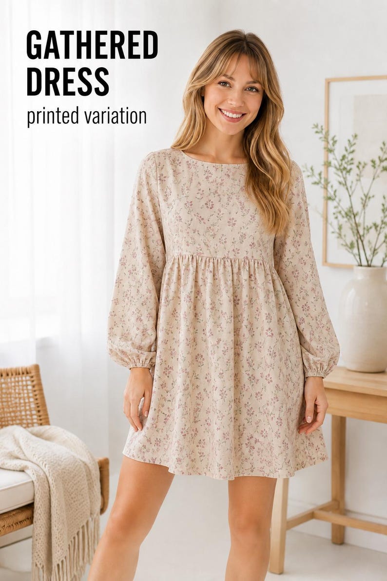 Gathered Dress Sewing Pattern PDF(XS-XL) | Balloon Sleeve Dress Pattern ...