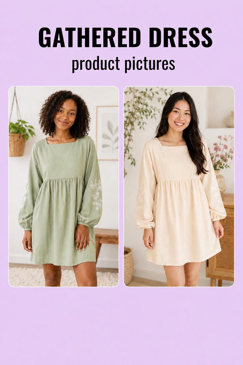 Gathered Dress Sewing Pattern PDF(XS-XL) | Balloon Sleeve Dress Pattern ...