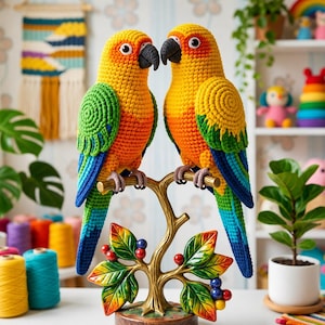 May include: Two crocheted sun conure parrots with bright yellow, orange, green, and blue yarn, perched on a decorative gold-colored metal branch stand featuring painted green leaves and small colorful berries, crafted with detailed stitching.