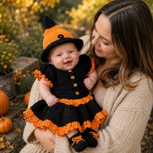 Op de afbeelding: Een gehaakte baby-outfit in zwart en oranje, bestaande uit een puntige heksenhoed, een jurk met korte mouwen, een knoopsluiting aan de voorzijde en een geplooide zoom, en bijpassende slofjes met oranje veters van gestructureerd garen.