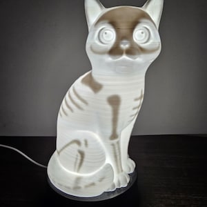 May include: A white, translucent, 3D-printed cat-shaped lamp featuring a visible internal skeletal structure in a darker shade. The cat is in a seated position with large, illuminated eyes and is mounted on a circular black base with a white power cord.