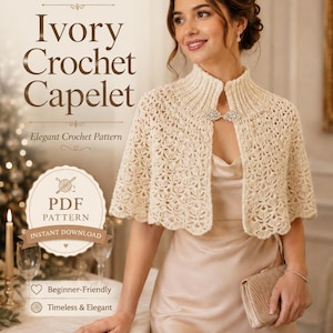 May include: An ivory crochet capelet featuring a ribbed high collar and a decorative silver-toned clasp. The text on the image reads GrannyMorrow, Ivory Crochet Capelet, Elegant Crochet Pattern, PDF PATTERN, INSTANT DOWNLOAD, Beginner-Friendly, Timeless & Elegant.