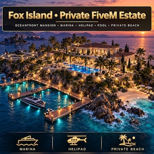 Può includere: Una vista aerea di una proprietà intitolata Fox Island Private FiveM Estate, con una villa fronte oceano, un porto turistico con una barca, un eliporto con un elicottero, una piscina e una spiaggia privata al tramonto.