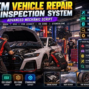 May include: A digital graphic for a FiveM vehicle repair and inspection system. It features two mechanics working on a white car in a garage. The text reads FiveM Vehicle Repair & Inspection System, Advanced Mechanic Script, and lists various menu options like Engine Repair, Body Repair, Tire Repair, Vehicle Inspection, and Full Repair System.
