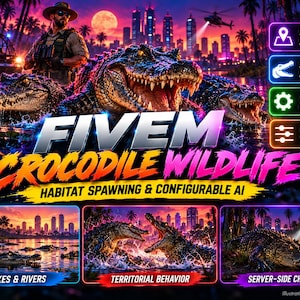 Może przedstawiać: Cyfrowa grafika dla FiveM Crocodile Wildlife przedstawiająca krokodyle w neonowym bagnie. Tekst zawiera 6 Enabled Habitats, 3 Aggression Modes, Admin Commands, Editable Settings, Lakes & Rivers, Territorial Behavior oraz Server-Side Checks.