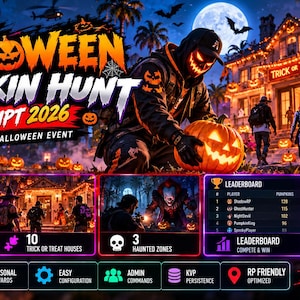 May include: A digital promotional graphic for a FiveM Halloween Pumpkin Hunt script 2026, featuring a character with a glowing pumpkin head, a haunted house, and various UI elements including a leaderboard, daily streak tracker, and feature icons.