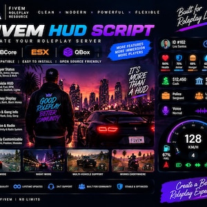 May include: A digital FiveM HUD script interface display featuring a dark theme with neon blue and purple accents. The layout includes player status icons, vehicle speedometers, financial data, and job information, set against a city skyline background.