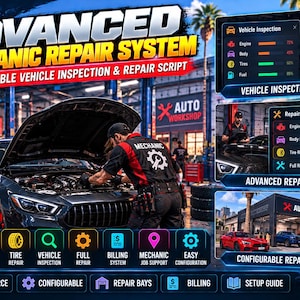 Vehicle inspection and repair script, engine, body and tire service, configurable repair bays, mechanic billing and setup guide, source code