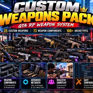 May include: A digital promotional graphic for a FiveM custom weapons pack featuring a collection of 25 firearms, 73 components, and 100 archetypes. The layout includes text overlays, compatibility icons for QBCore, QBox, ESX, and OX Core, and technical file structure previews for GTA RP servers.