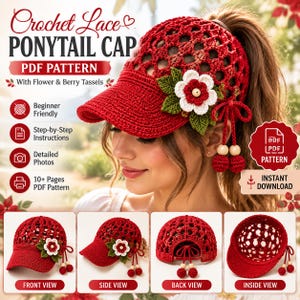 Crochet Ponytail Visor Cap Pattern | Lace Flower Tassel Hat (PDF Download)