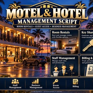 May include: A digital graphic for Motel & Hotel Management Script software. It features a sunset hotel exterior, room rental, key sharing, staff management, and billing modules with icons for room rentals, staff, business, access, billing, and storage.
