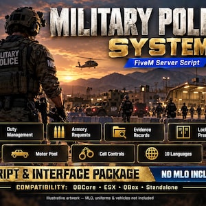 Könnte beinhalten: Eine digitale Grafik für ein FiveM-Serverskript mit dem Titel Military Police System. Sie zeigt einen Soldaten in taktischer Ausrüstung, eine Militärbasis und Symbole für Dienstverwaltung, Waffenkammeranfragen, Beweisakten und Zellenkontrollen.