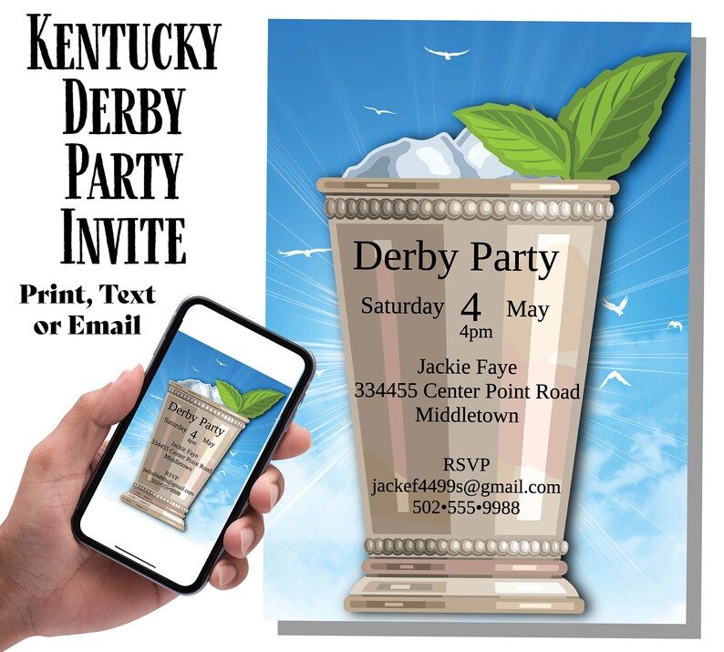 Kentucky Derby Party Invite Mint Julep Horse Race Template Print or