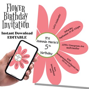 Flower Birthday Party Invitation Printable, Editable