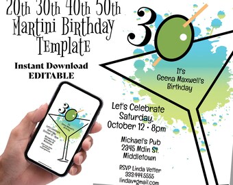 Könnte beinhalten: Eine druckbare Einladungsvorlage für einen 30. Geburtstag mit einem Martini-Glas mit einer grünen Olive und einem blauen und grünen Aquarellhintergrund. Der Text "Es ist Geena Maxwells Geburtstag" ist im Design enthalten. Die Einladung enthält das Datum, die Uhrzeit und den Ort der Party.