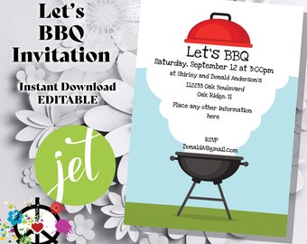 Könnte beinhalten: Eine druckbare Einladung zu einem Barbecue. Die Einladung zeigt ein Cartoon-Bild eines Grills mit Rauch, der aus ihm aufsteigt. Der Text auf der Einladung lautet "Let's BBQ" und enthält das Datum, die Uhrzeit und den Ort der Veranstaltung. Die Einladung enthält auch den Text "Sofort Download Bearbeiten".