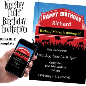 Modello di invito per compleanno con cartello Wrigley Field Chicago Cubs