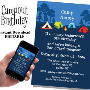 Backyard Camp Tent Party Template Editable Invitation