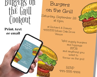 May include: A printable invitation for a "Burgers on the Grill" cookout on Saturday, 28th September at 6pm. The invitation features a cartoon drawing of a hamburger and includes the address, "4455333 Moss Oak Drive, Venice", and the RSVP number, "444-555-4444".