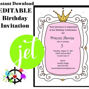 Princess Printable, Editable Birthday Party Invitation