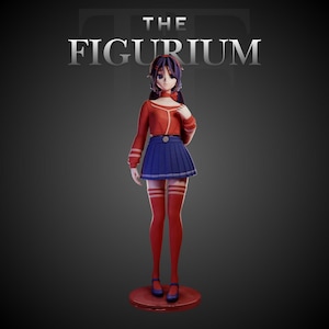 May include: A standing anime-style figurine with dark purple hair, wearing a long-sleeved red top, a blue pleated skirt, and red thigh-high socks with white stripes. The figure stands on a circular red base with the text THE FIGURIUM above it.