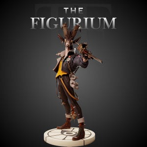 May include: A stylized goat-like humanoid figurine standing on a circular base, wearing a dark jacket, yellow shirt, and dark trousers. It holds a spiked mace, features a small plush toy hanging from its belt, and displays the text THE FIGURIUM.