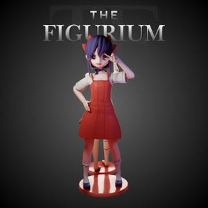 May include: A stylized anime-style figurine with dark purple hair, wearing a white short-sleeved shirt under a red pinafore dress. The figure stands on a circular red base, making a peace sign with one hand. The text THE FIGURIUM is visible above.