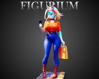 May include: A stylized anthropomorphic horse figurine with light blue skin and blonde hair, wearing an orange button-down shirt, blue pants, and brown boots. The figure holds a black smartphone and a yellow shopping bag, standing on a base.