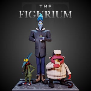 May include: A collectible figurine set featuring three characters under the text THE FIGURIUM. A tall blue-skinned figure with flame hair holds a coffee cup, a small green creature stands to the left, and a stout red creature eats a sandwich.