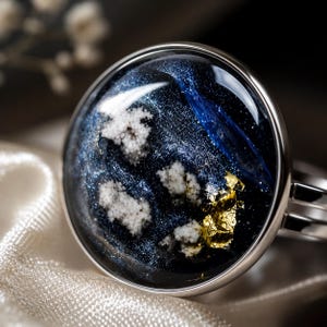 Night Sky Resin Ring, Adjustable Blue Ring, Handmade Celestial Jewelry, Unique Galaxy Ring, Gift for Her