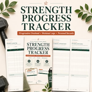 May include: A strength progress tracker planner with multiple pages including a detailed workout log, progressive overload tracker, and personal record tracker. The pages feature dark green text and headers on a cream background with icons.