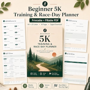 Pode incluir: Um planejador digital de treino 5K e dia de corrida com uma capa mostrando um caminho na floresta em direção ao sol. O conjunto inclui 18 páginas de formulários PDF imprimíveis e preenchíveis para planejamento e registros de sessões.