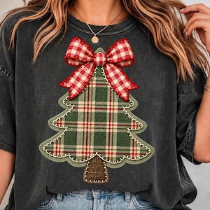 Albero di Natale a quadri PNG, Albero di Natale patchwork, Fiocco a quadretti PNG, Natale rustico sublimazione, Natale vintage PNG download digitale