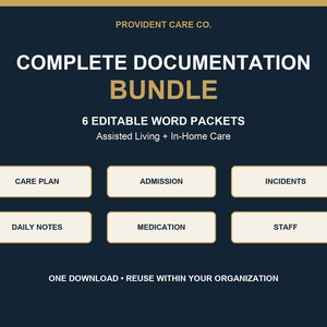 Op de afbeelding: Een donkerblauw digitaal documentenpakket van Provident Care Co. met zes bewerkbare Word-bestanden voor zorginstellingen en thuiszorg, gelabeld als Care Plan, Admission, Incidents, Daily Notes, Medication en Staff met downloadmelding.