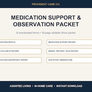 Op de afbeelding: Een digitaal medicatieondersteunings- en observatiepakket van Provident Care Co. met 8 geco&ouml;rdineerde formulieren en een 10-pagina's tellend bewerkbaar Word-document. Bevat medicatieprofiel, ondersteuningsrecord, PRN-follow-up, gemiste/geweigerde records en bijwerkingenobservatie.