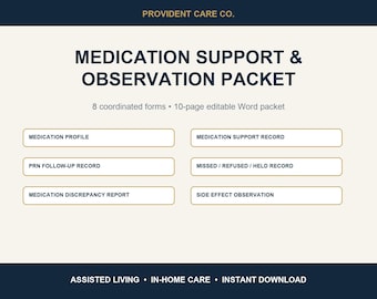 Sjabloon voor medicatielogboek, 8 formulieren voor medicatieondersteuning voor begeleid wonen en thuiszorg, bewerkbaar Word-bestand