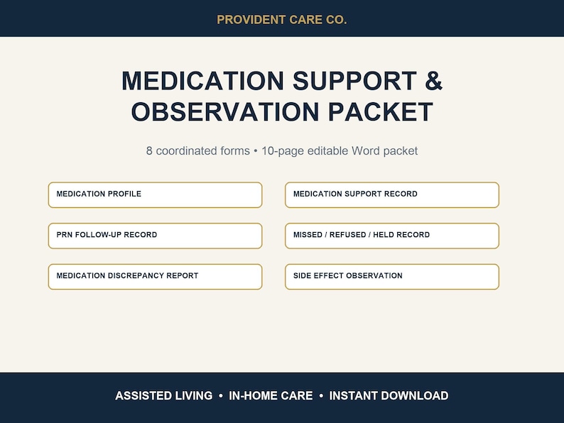 Op de afbeelding: Een digitaal medicatieondersteunings- en observatiepakket van Provident Care Co. met 8 geco&ouml;rdineerde formulieren en een 10-pagina's tellend bewerkbaar Word-document. Bevat medicatieprofiel, ondersteuningsrecord, PRN-follow-up, gemiste/geweigerde records en bijwerkingenobservatie.