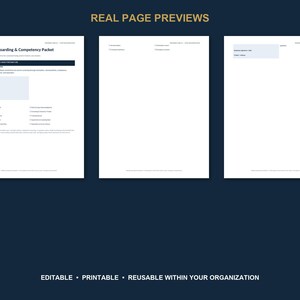 Op de afbeelding: Drie witte documentpagina's getiteld Staff Onboarding & Competency Packet met donkerblauwe koppen en tekstsecties. De pagina's bevatten checklists, invulbare velden en formulieren voor de training, ontwikkeling en beoordeling van personeel.